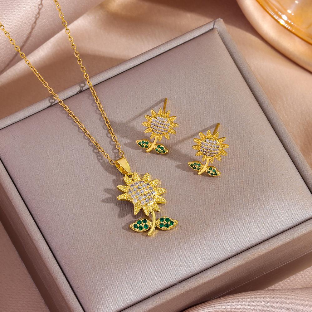 Top Luxury Gold Plated Copper Pendant Necklaces Earrings For Women Trendy Fashion Female Jewelry Set Girls Clavicle Chain