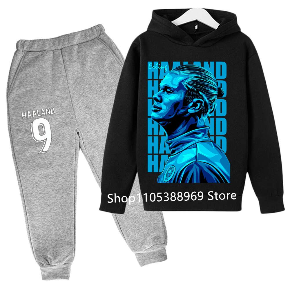 Boys Haaland Cartoon Football Tracksuit 2 Piece Hoodie and Jogger Pants Set Kids Graphic Print Sport Outfit