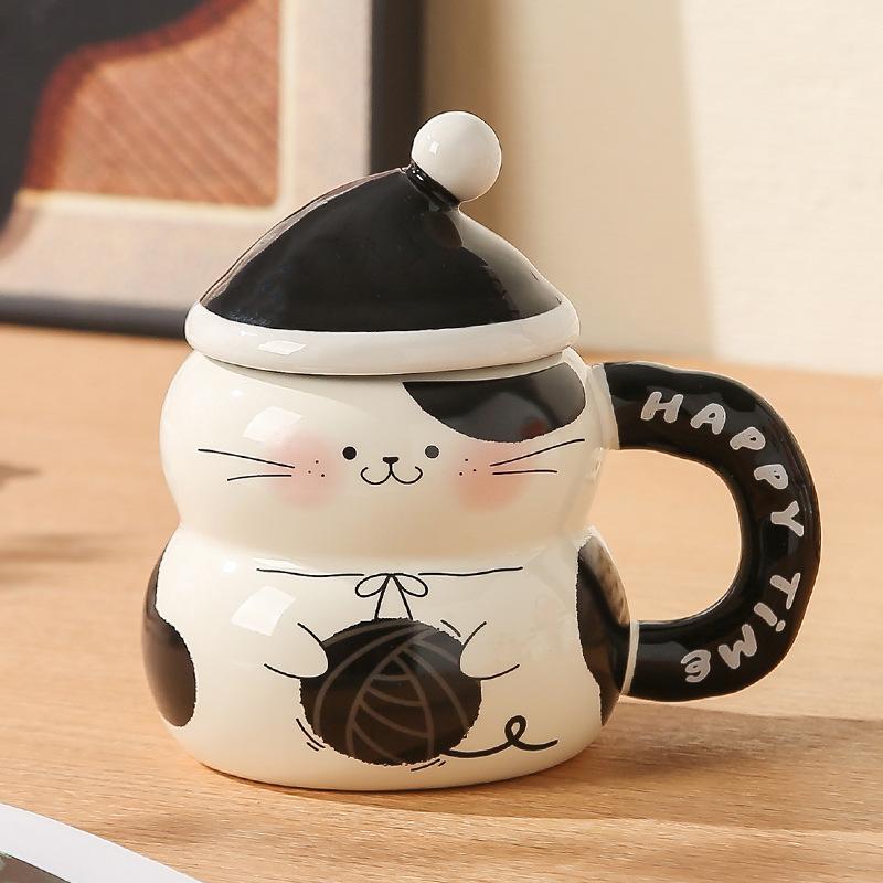 Cat Cup Ceramic High Looking Mug with Lid Breakfast Coffee Cup Creative Water Cup for Girls Birthday Gift