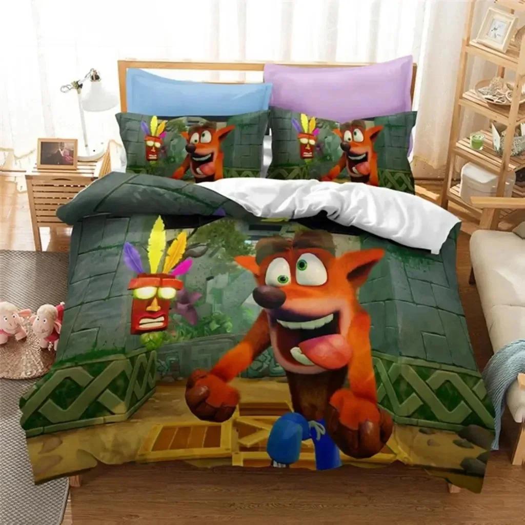 Luxuriöses neues 3D-Druck-Bettwäscheset mit Crash Bandicoot-Spielmotiven für Jungen und Mädchen, Einzel- und Doppelbett, Kissenbezüge, Kinder- und Erwachsenenmode, Heimtextilien