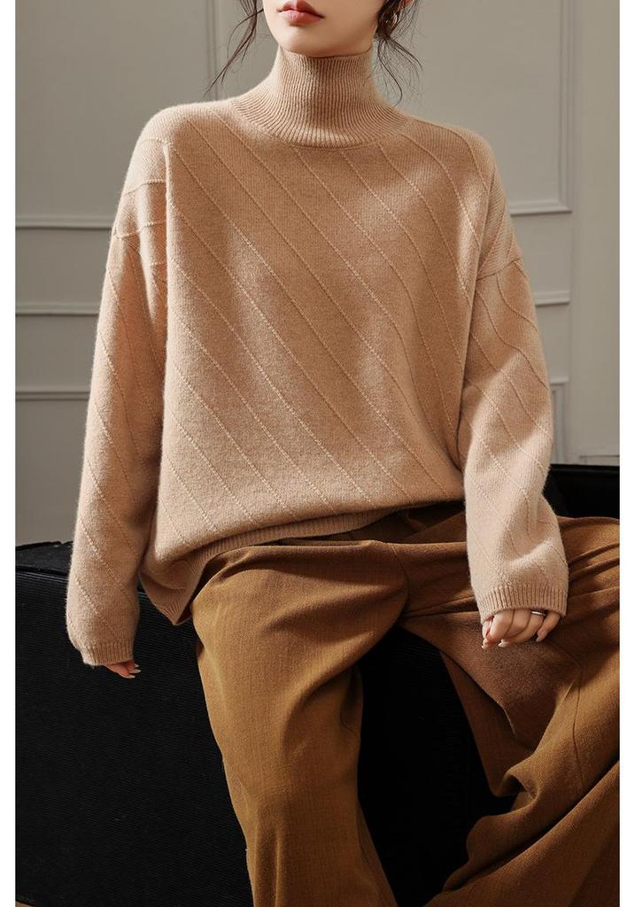 Women's High Neck Jacquard Wool Sweater - Thick, Loose Fit, Lazy Style