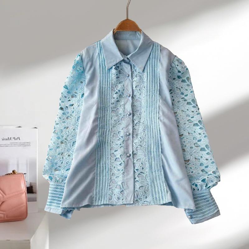 Vintage Fashion Hollow Crochet Casual Shirts for Women Elegant Slim Long Sleeve Loose Women's Blouses Tops Solid Button Up Office Lady Shirt 26448