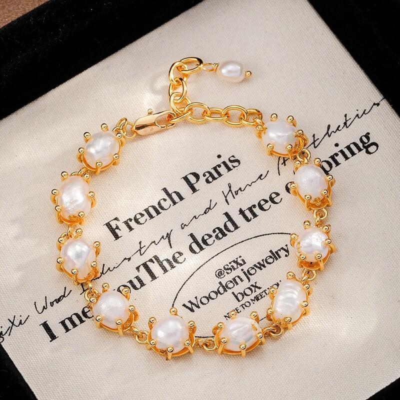 Elegant Freshwater Pearl Bracelet With 18K Gold Plated Copper Chain Baroque Geometric Design Women Handmade Jewelry
