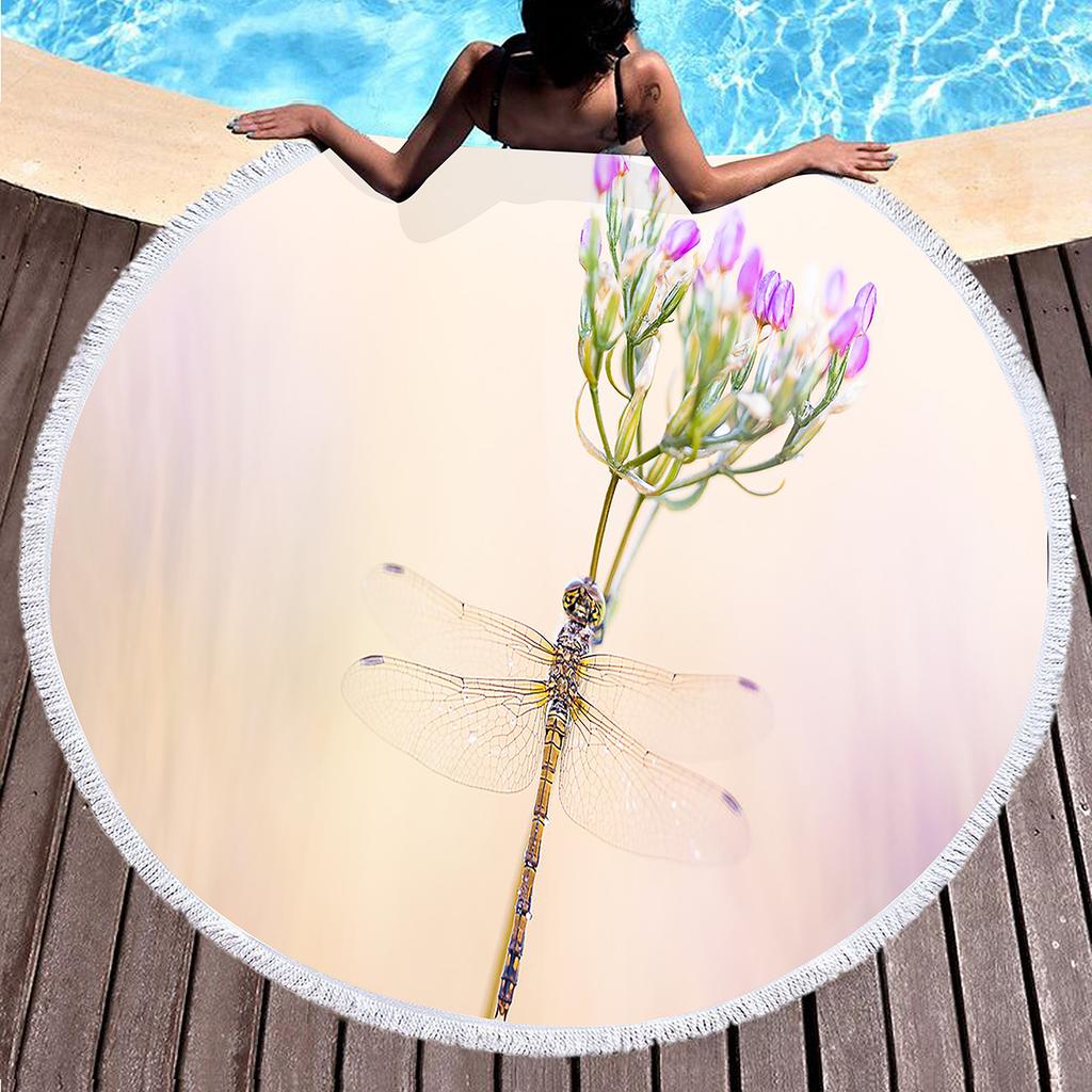 Dragonfly Round Beach Towel,Absorbent Quick Dry Sand Free Lightweight Travel Bath Towels,Round Throw Blanket for Swim Pool Gym