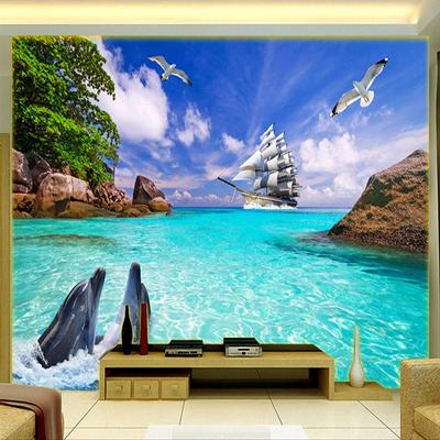 Wall Mural TV Sea Surface Wooden Boat Dolphins Birds 3D Wall Mural Wallpaper Wall Decoration Decorative Wall Mural Modern Photo Design
