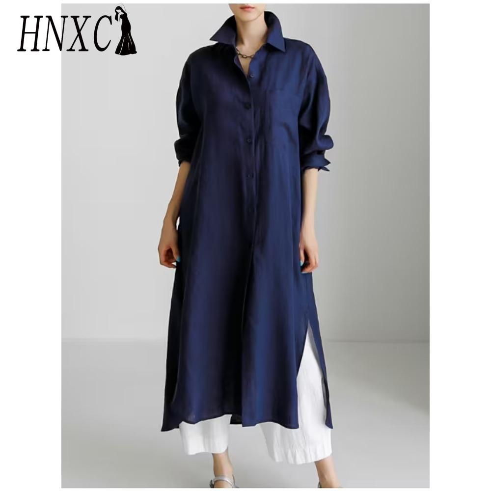 

HNXC Женское повседневное свободное платье-рубашка с отложным воротником и длинными рукавами XL темно-синий