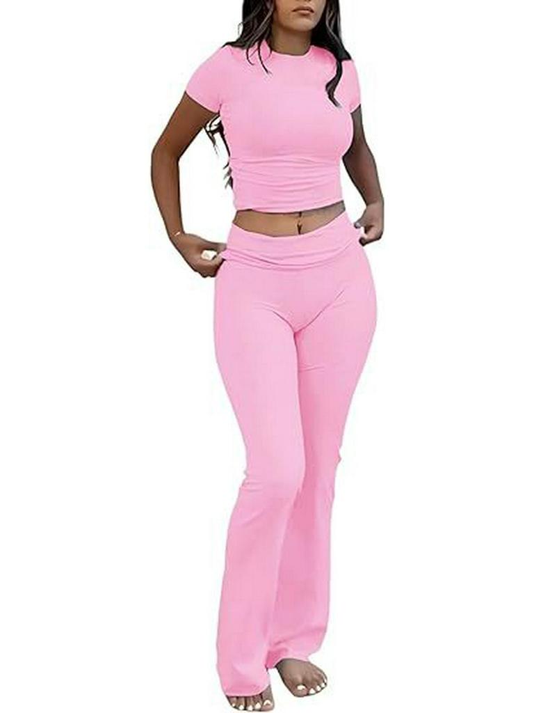 Women's Casual Workout Two-piece Set - Round Neck T-shirt & Low-waisted Flared Pants