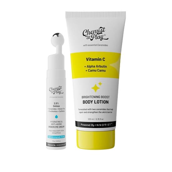Chemist At Play Under Eye Cream with 2% Revital Eye & Quinoa Extract | For Reducing Dark Circles, 15g + Brightening Body Lotion with Ceramides ,200ml