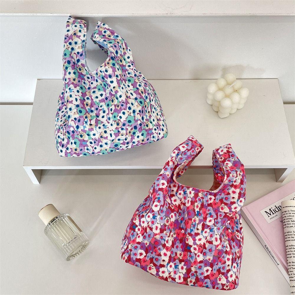 Fashion Japanese Style Floral Wrist Bag Casual Corduroy Printing Handbag Commuting Literary Small Item Pouch Travel