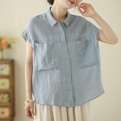 Sommer-Shirt aus Baumwolle und Leinen mit künstlerischem Retro-Kragen, lockeres, einreihiges Schlankheits-Shirt-Top für Damen