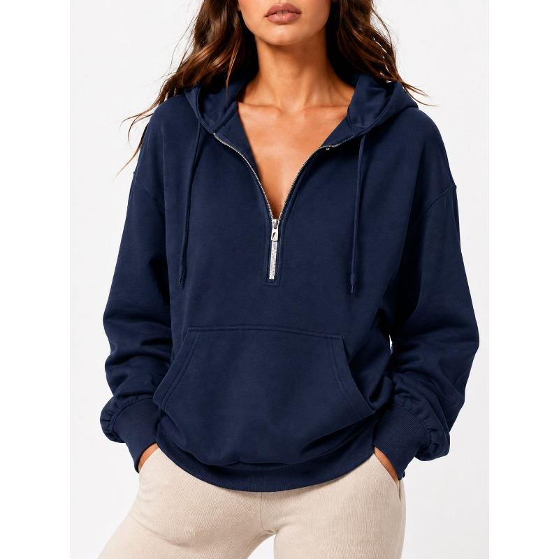 Women S Loose Fit Hooded Half Zip Pocket Casual Sweatshirt