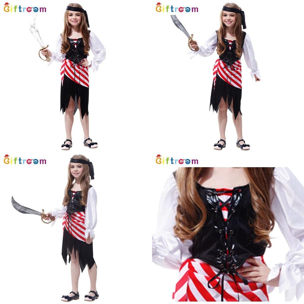 Enchanting Pirate Costume For Girls With Striped Irregular Hem For Halloween Fun