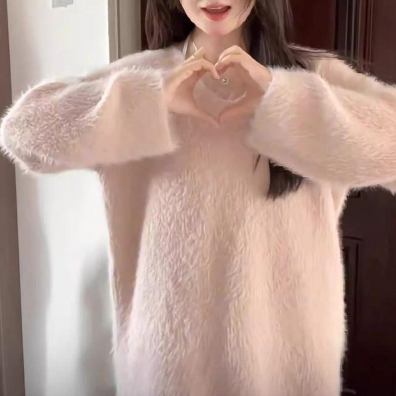 

Oversize! Soft Glutinous Pink Mink Fur V Neck Sweater Female Winter New Arrival Korean Style Loose Pullover Knitwear Pink 2XL