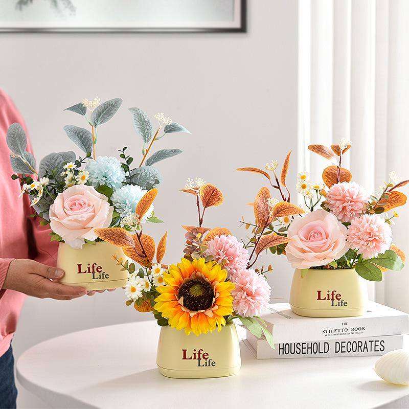 Living Room Decor: Artificial Sunflower and Green Plant Arrangements, Small Potted Plants, and Plastic Bouquets
