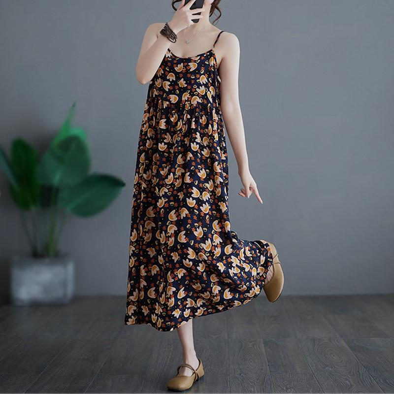 Sleeveless Strap Cotton Plus Size Vintage Floral New In Dresses For Women Casual Loose Long Summer Dress
