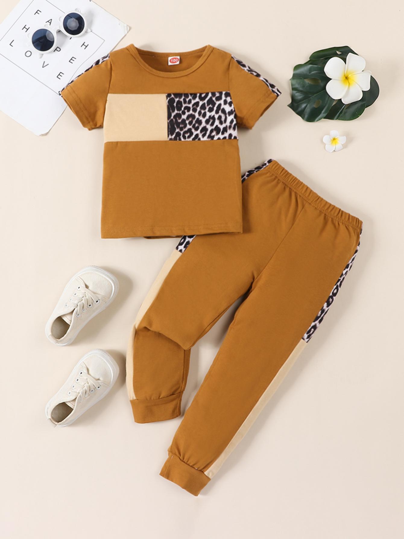 

Girls khaki and leopard print short-sleeved shirt and pants set, suitable for ages 2-7 90 хаки