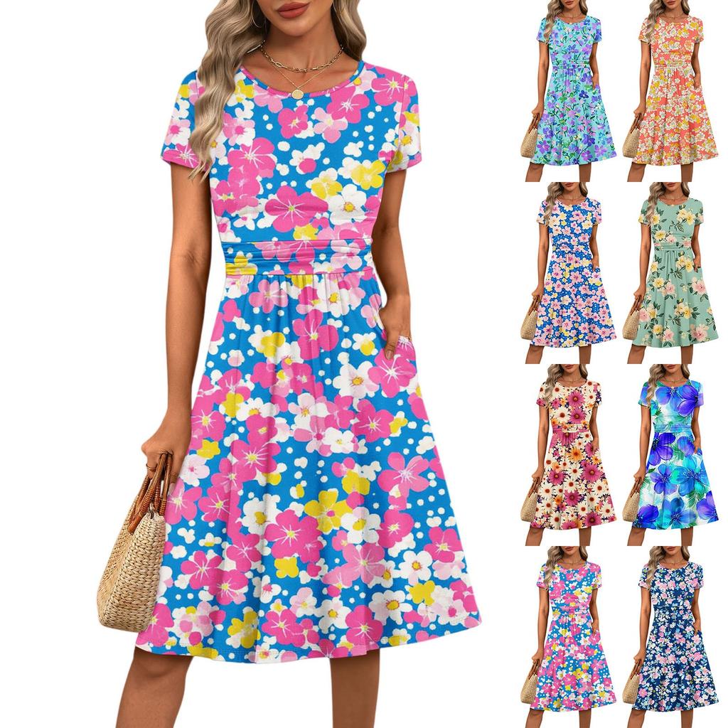 Women's Casual Fashion Round Neck Pleated Short Sleeve Floral Print A-Line Midi Dress
