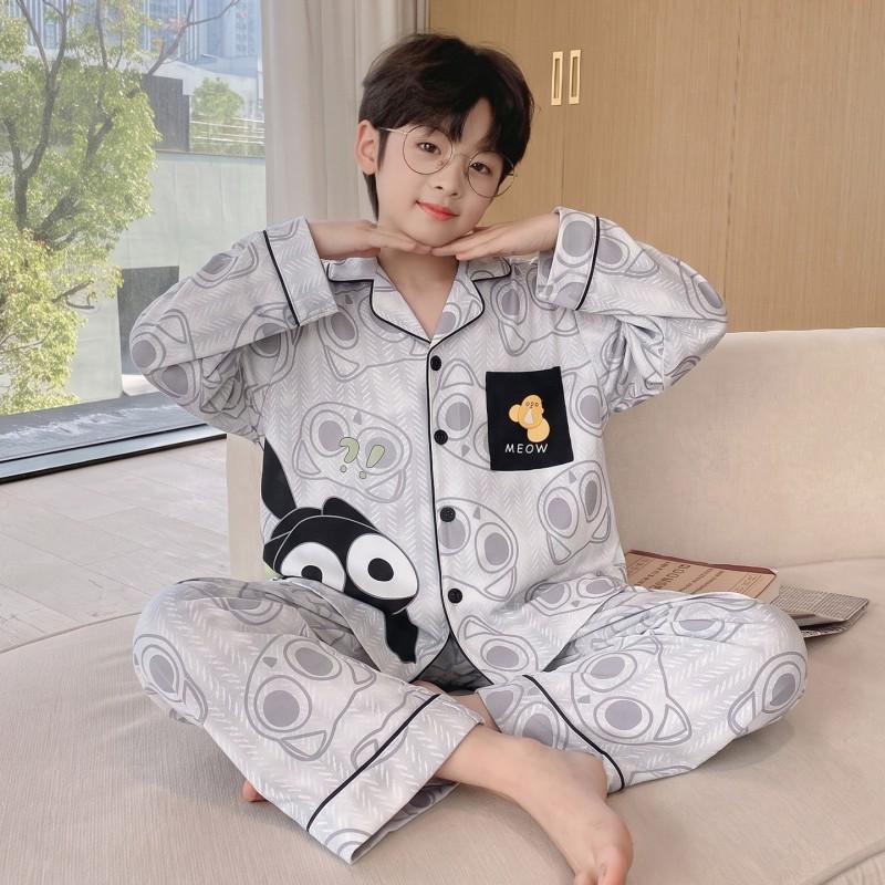 Boys Cotton Pajama Set Long Sleeve Open Front Cartoon Print Home Wear Kids Teens