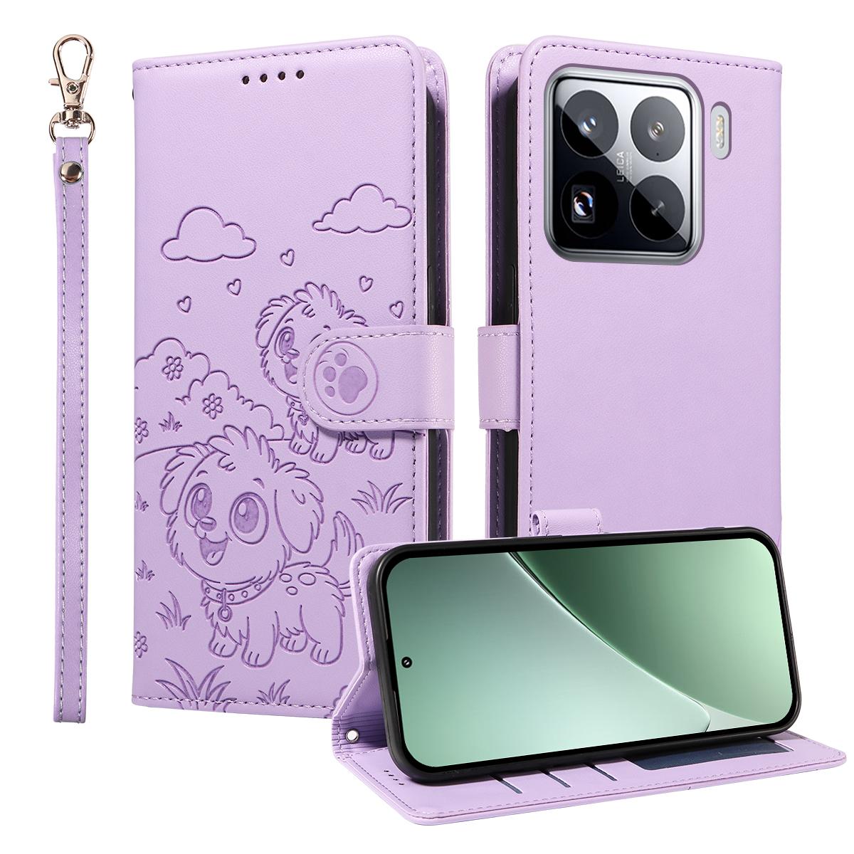 

For Xiaomi 15 Pro Case RFID Blocking Imprinted Dog Pattern PU Leather Phone Cover with Wrist Strap Purple