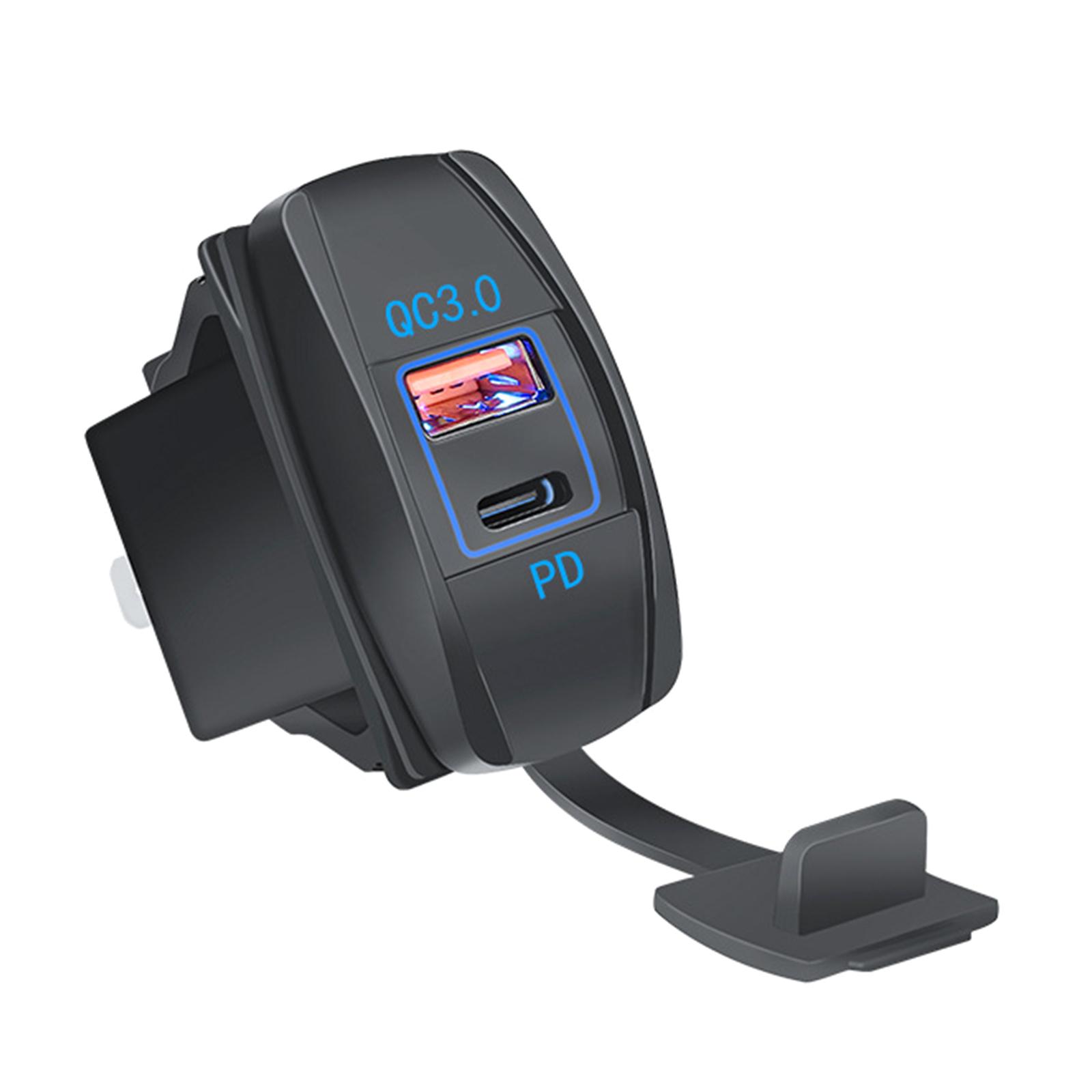 

Автомобильное зарядное устройство Двойной USB QC3.0 и PD Type C Розетка питания 12В 24В Автоадаптер Универсальный порт для зарядки для Морского мотоцикла синий