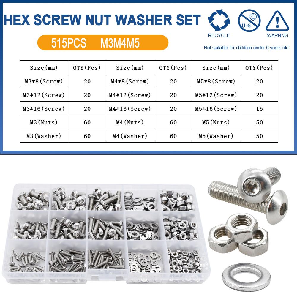 304 Stainless Steel Allen Screw Bolt Nut Washer Set Metric Threaded Hex Machine Screws Nuts Gaskets Kits With Box M2 M3 M4 M5 M6