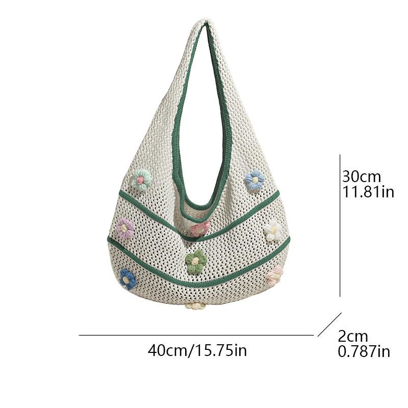 Fashion Knit Beach Bag for Women Large Capacity Summer Tote with 3D Floral Decor Girls Casual Shoulder Handbag Travel Bags KTB