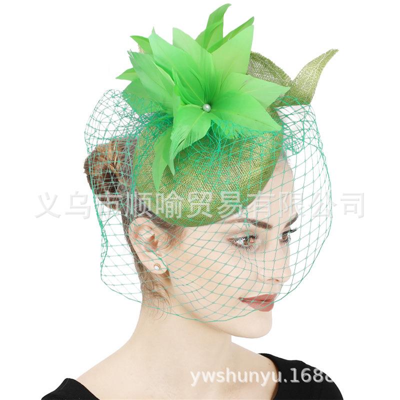 European And American Retro High-Quality Hemp Yarn Headgear Catwalk Bride Feather Hair Accessories Burgundy Top Hat