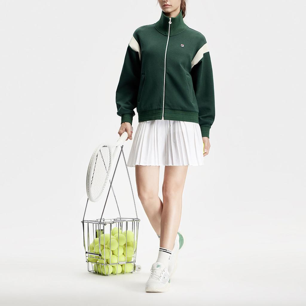FILA Color Block Stand Collar Tennis Knit Jacket Women jackets Reed-Green A11W413504F-GN