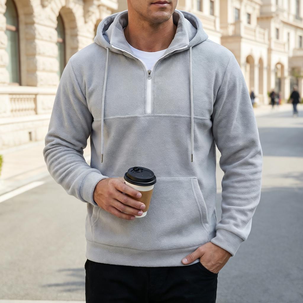 Men's Thick Hooded Sweatshirt with Stand Collar, Half-Zip, Long Sleeve, Fall Winter Casual Top, European Size