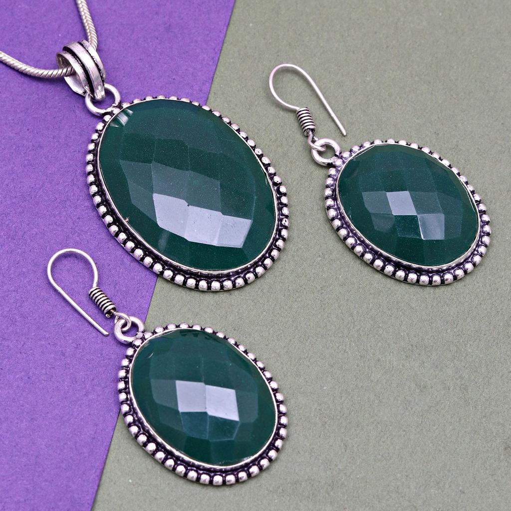 Onyx Green Pendant Set Earrings Jewelry Gemstone Handmade Ethnic