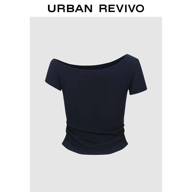 UR 2025 Women s Oblique Shoulder Digital Pleated Slim T-shirt L темно-синий