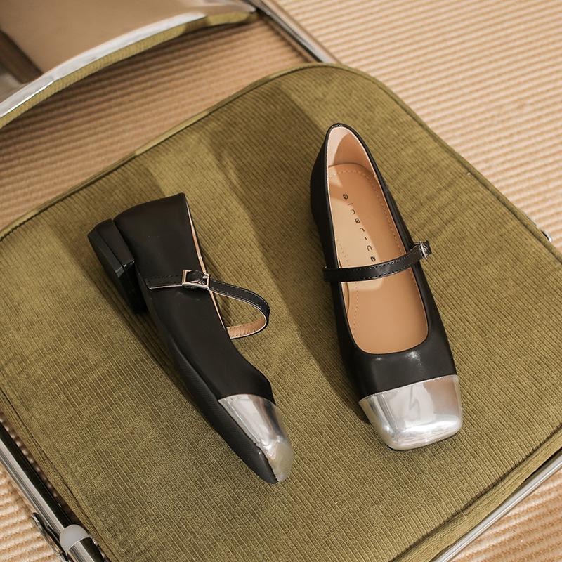 2306 Flat Shoes Women's Thick Heel New Color Matching Word with Mary Jane Shoes French Square Head Low Heel Light Mouth Single Shoes
