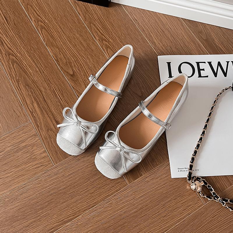 Xiaoxiangfeng bow Mary Jane shoes women's flat apricot ballet shoes women's versatile one-pedal soft-soled single shoes