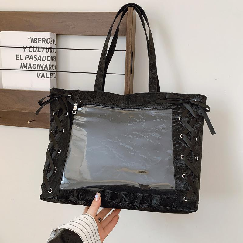

Красивая повседневная простая милая наплечная сумка большой вместимости, портативная сумка-тоут, однотонная прозрачная нишевая дизайнерская сумка-подмышка чёрный