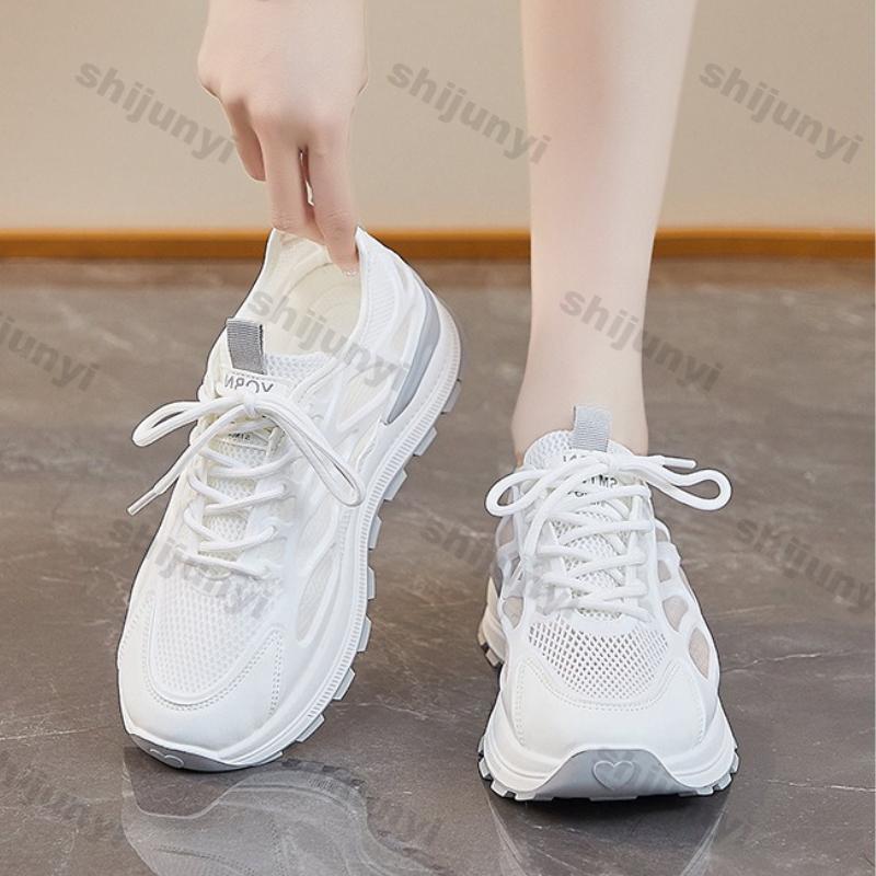 Women's White Sneakers Summer Height Increase Non Slip Breathable Sports Running Shoes Comfortable Fashion Lace Up Casual Shoes