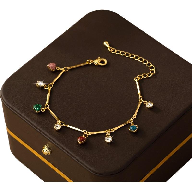 Vintage Bohemian Rainbow Heart Necklace & Diamond-Studded Bracelet Set