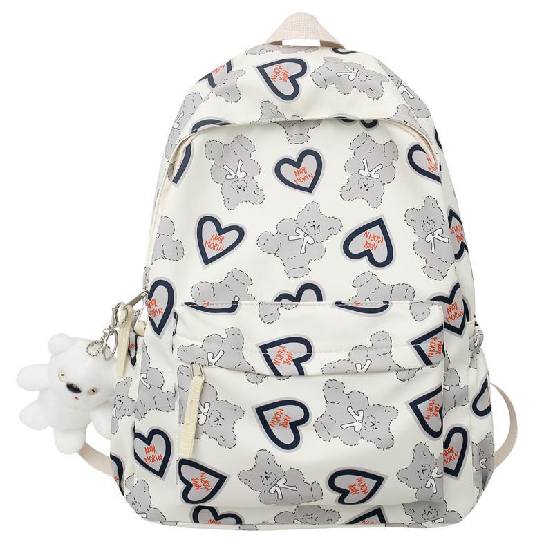 

Girl Nylon Cute School Backpack With Love Heart Bear And Letters Print Design For Daily Use
