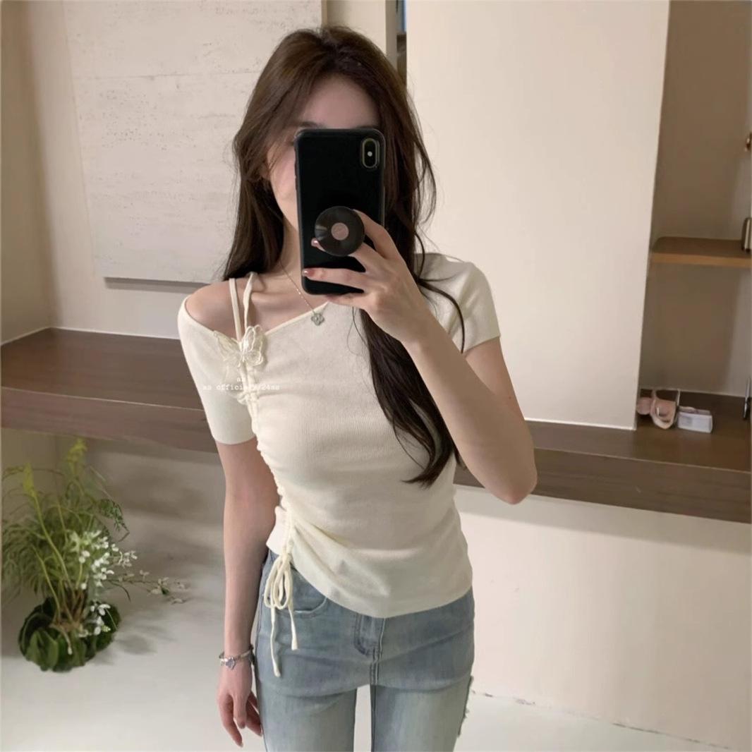 

Women s One-Shoulder Light Blue Knit Top with Irregular Drawstring and High Design by Baby Lightweight Summer Collection One Size (up to 125 lbs) синій