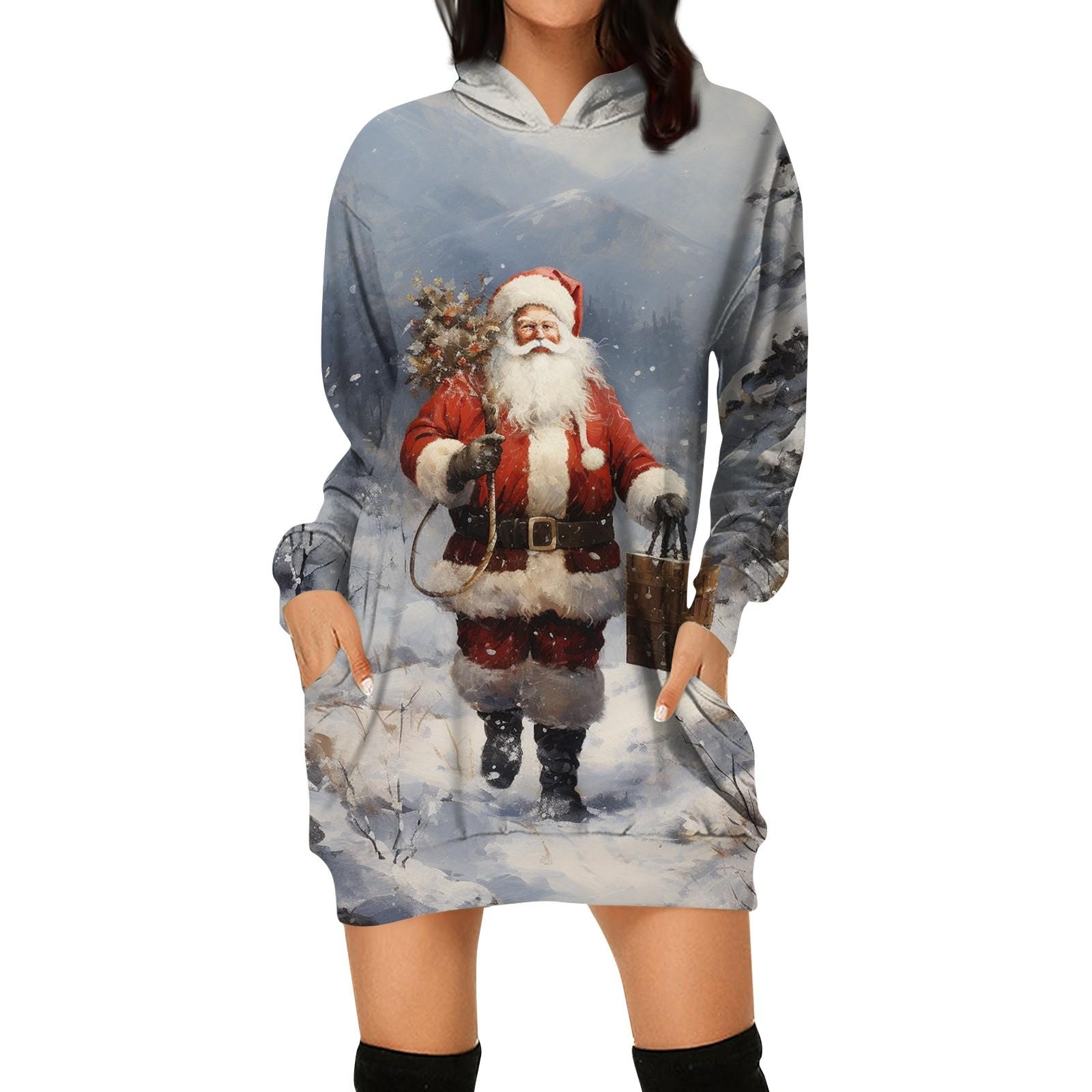 

Женские зимние платья Модные женские рождественские принты Письменный принт Карманы с капюшоном Платье-толстовка XXL