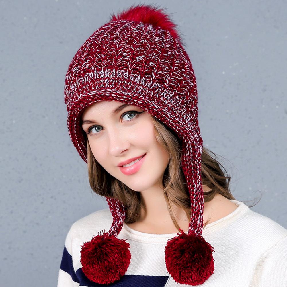 Women Winter Warm Knitted Cap Fleeced Earmuffs Cap with Cute Plush Balls