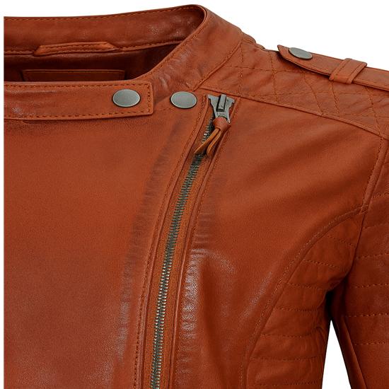 NOORA Women's Brick Tan Colour Jacket Cross Quilted Leather Jacket With Pocket & Multi Zip Biker Jacket