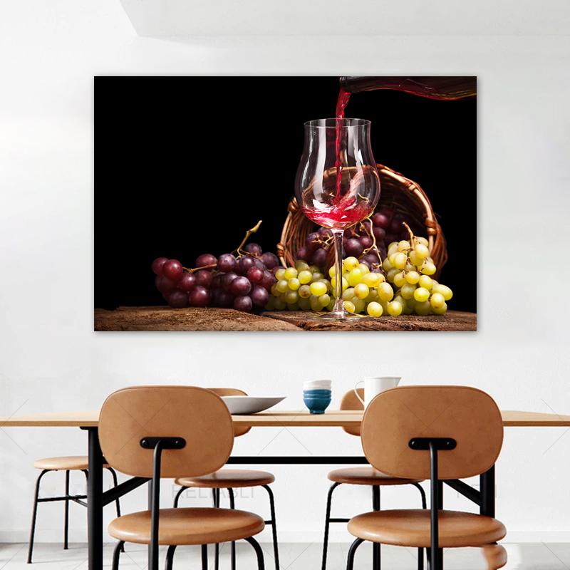 Wine Glass Bottle Posters and Prints Canvas Painting Wall Art Pictures for Dining Room Home Decor Grapes Wooden Barrel Cuadros