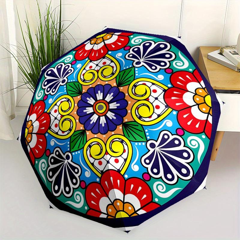 1pc Colorful Floral Pattern Automatic Folding Umbrella - 8-Rib Iron Frame, Windproof, Portable Sunshade with Plastic Handle for Travel & Out
