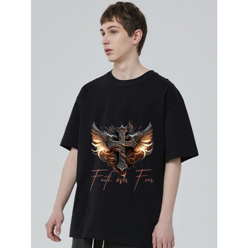 Faith Over Fear T Shirt Black Cross with Wings and Flames Design for Men Casual Wear Streetwear Fashion Statement Top