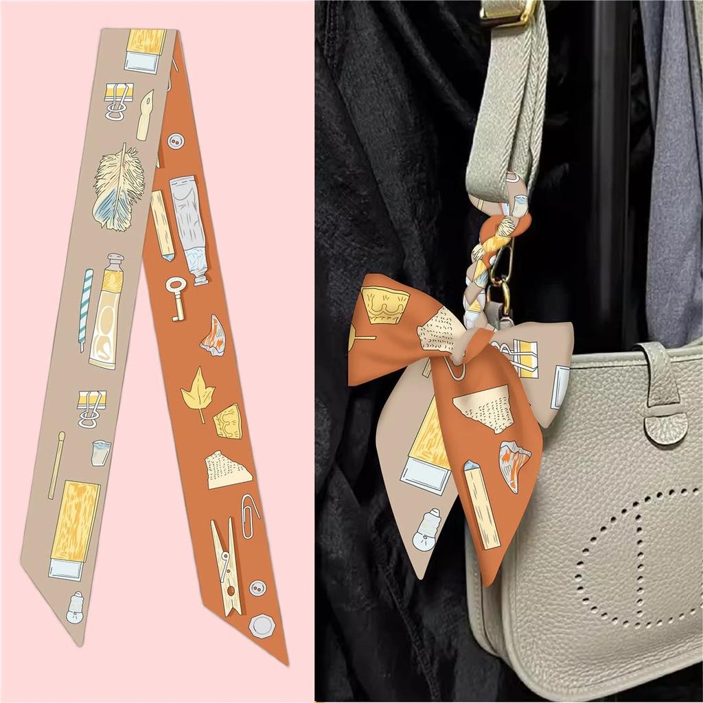 1 Stück Neuer Koreanischer Stil Griff Damen Köperdruck Schal Langes Band Haarband Halskette Schmaler Seidenschal Taschen Dekoration Zubehör