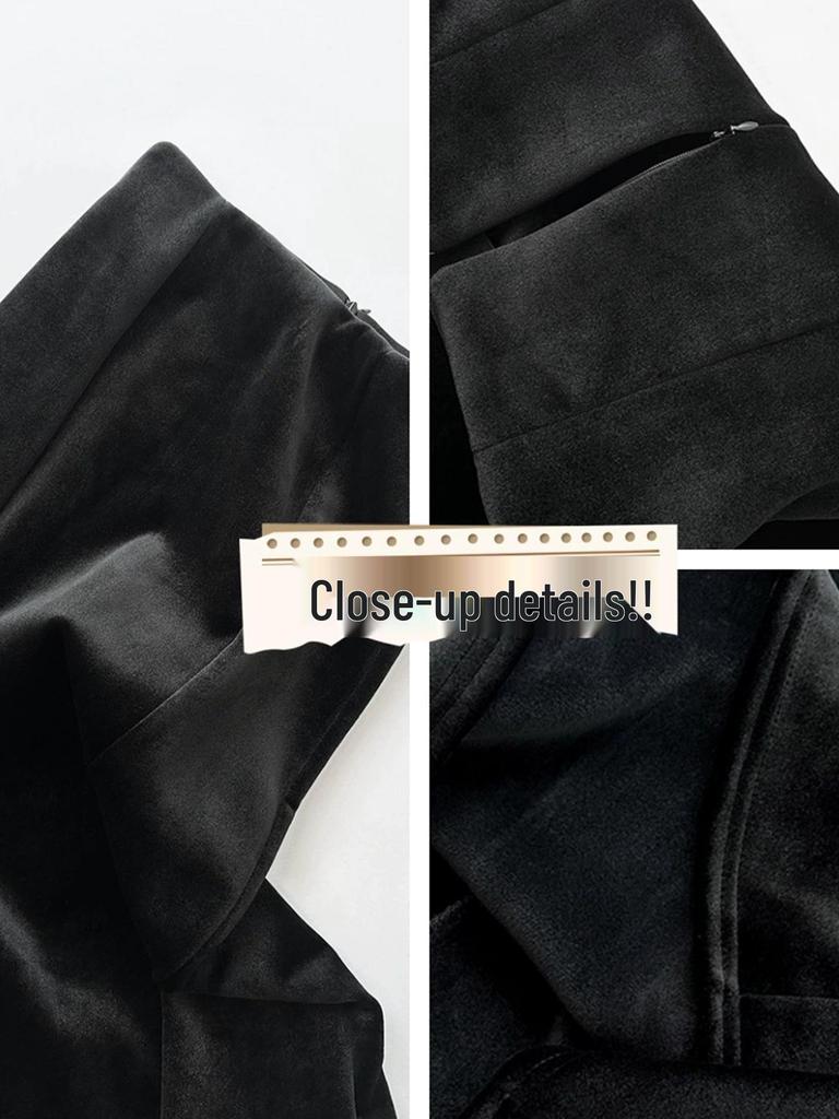 Women's High-Waisted Black Velvet Fishtail Midi Skirt - Fleece-Lined, Thickened, Slimming A-Line for Autumn/Winter