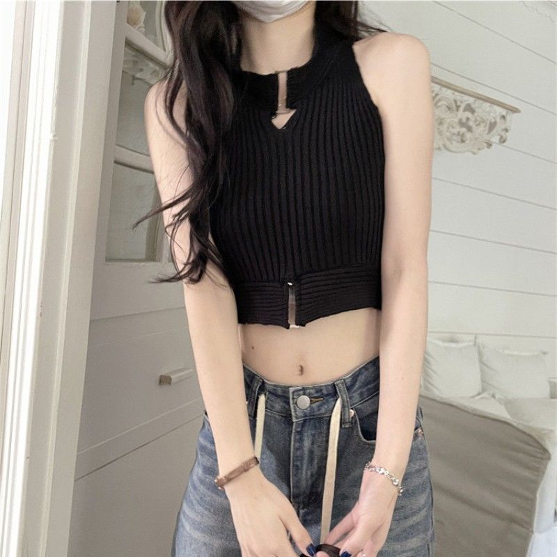Strickweste Damen Oberbekleidung Hot Girl Aushöhlen Neckholder Ärmellos Basisschicht Innenbekleidung Kurzes Top Sommer