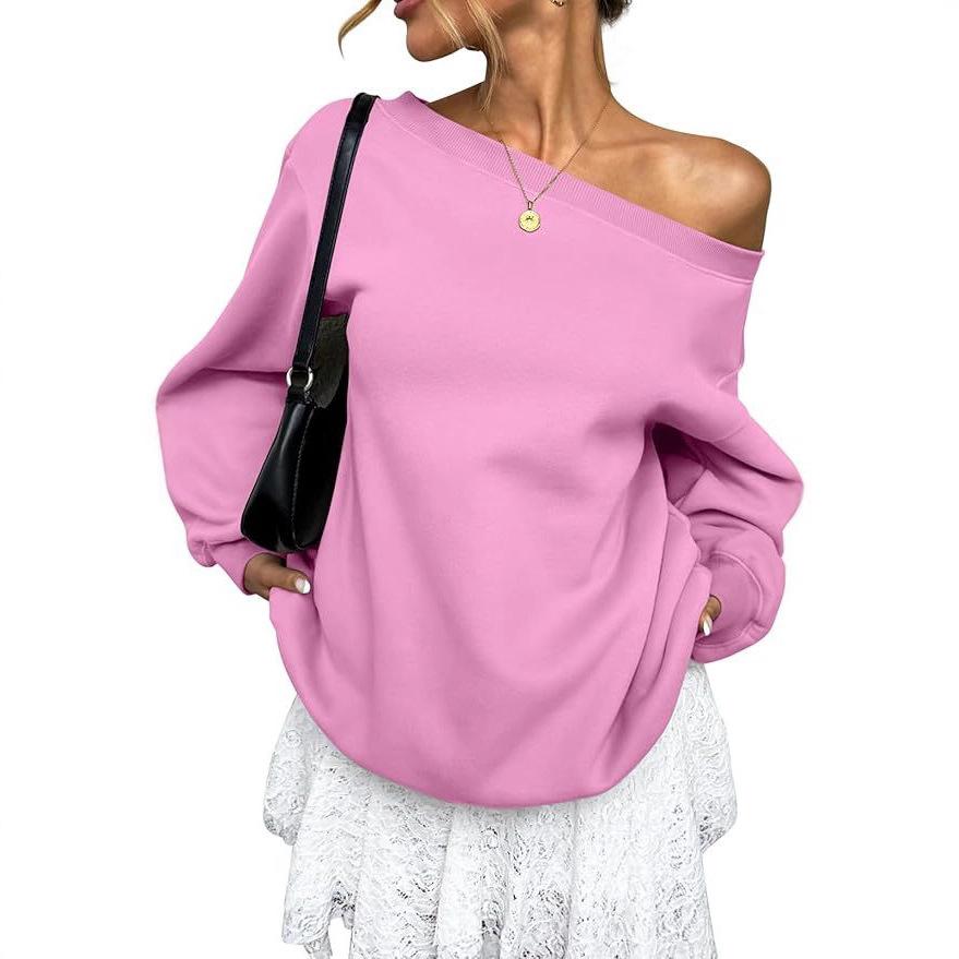 Women's Off Shoulder Long Sleeve Sweatshirt Loose Fit Casual Solid Color Pullover Top