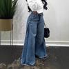 Weit geschnittene Patchwork Schlagjeans für Damen - Y2K Blaue Waschung mit Fransen