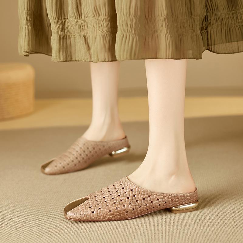 Moda 2025 Muły z prawdziwej skóry Kobiety Zakryty palec Zwiększone obcasy Kapcie Damskie Letnie Casualowe Plecione Klapki Kapcie Damskie Kobiety